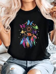 Atrapa sue?os adornado con mariposas multicolores que simbolizan libertad transformación y energía positiva rodeadas de estrellas que evocan esperanza y protección camiseta de mujer casual moderna cómoda para uso diario - Negro - Ver 8