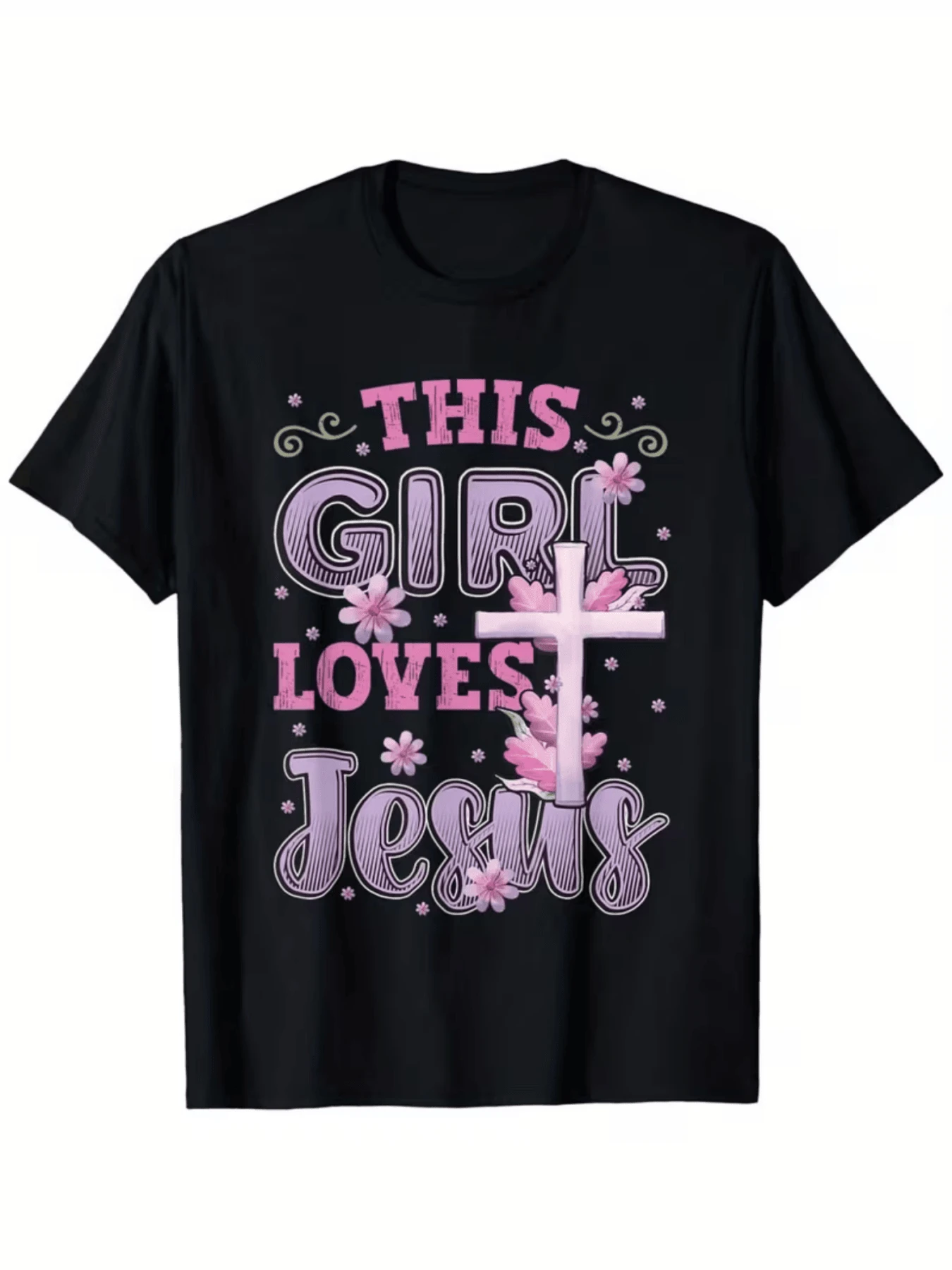 Cruz blanca rodeada de flores rosadas que simbolizan fe amor y esperanza con mensaje inspirador para creyentes camiseta de mujer moderna casual cómoda para uso diario - Negro - Ver 1