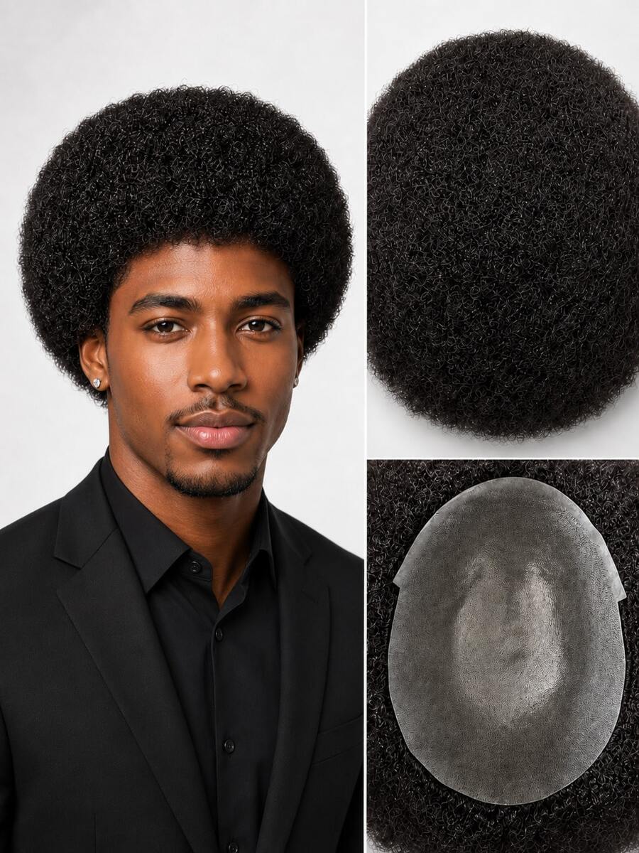 African Curly Hair Extensions, 6 Inches Long, 8x10 Breathable Lace Base, 4mm Natural Curls, Soft And Bouncy African Curls, Realistic Invisible Hairline, Heat Resistant, Glue-Free And Easy To Wear, Suitable For Everyday Wear, Parties, Weddings And Outdoor Activities, Ideal For Women. - Natural Black - View 1