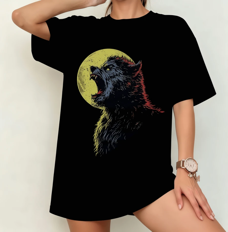 Varulv Fullmåne Skräck T-shirt | Könsneutral Överdimensionerad Obehaglig Fantröja Svart - Svart - Visa 1