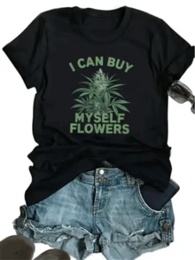 Green Plant Design With Inspirational Text Expressing Independence, Self-Love, And Natural Energy. Women's Casual, Modern, Comfortable T-Shirts Perfect For Everyday Wear. - 黑色 - 查看 8
