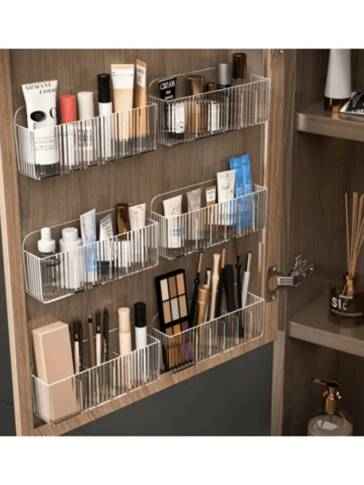 Wall-Mounted, No-Drill Cosmetic Organizer Rack – Space-Saving, Lightweight Plastic Storage Shelf For Makeup And Small Items, Ideal For Bathroom Or Vanity Organization, Bathroom Organizers And Storage