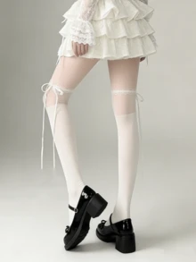 1 par de medias transparentes y delgadas con lazo en color crema/negro, adecuadas para primavera y verano - Multicolor - Ver 10