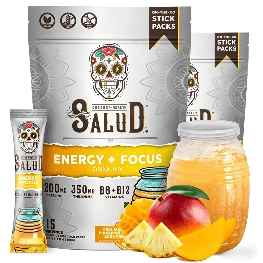 Salud 2-In-1 Energy Drink Powder + Focus, Pineapple Mango, Organic Caffeine, B6 + B12, Theanine, Clean Energy Drink Packets, Agua Fresca Mix, Non-GMO, Gluten Free, Vegan, 1g Of Sugar, (15 Servings) - Pineapple Mango 2 - 查看 1