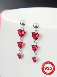 Pendientes con forma de corazón de circonita roja de plata de ley 925, pendientes delicados y versátiles, empaquetados en caja de regalo para ocasiones especiales/cumpleaños - Plateado - Ver 1
