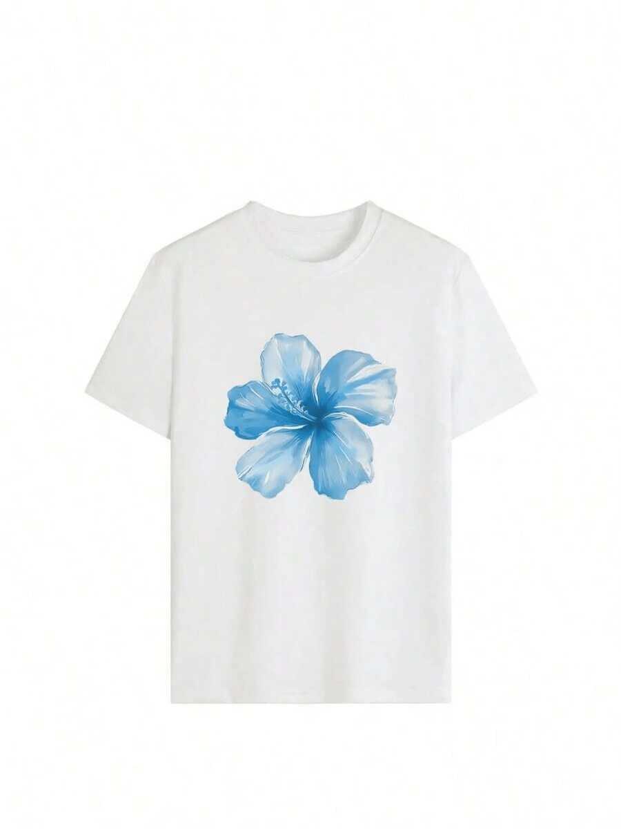 Large Blue Flower Symbolizing Freshness, Serenity, And Positive Energy, Evoking The Natural Beauty Of The Ocean And The Freedom Of Summer. Comfortable And Modern Casual Short-Sleeved T-Shirt For Women. - 白色 - 查看 1