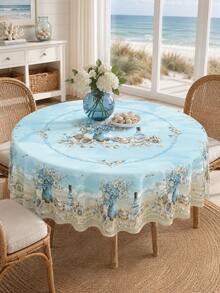 1pc Light Blue Beach Print Polyester Tablecloth, Starfish Shell Drift Bottle Floral Pattern, Round/Rectangular Optional, Wavy Edge Wrinkle-Resistant Waterproof, Suitable For Kitchen Dining Room, Outdoor Garden Patio, Vacation Party And All-Season Home Decor - Baby Blue - View 5