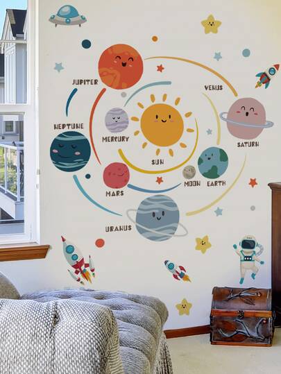 mama look 1pc/2pcs Cartoon Pattern Wall Stickers, Space Universe Planet, City Buildings, Rural Houses, Educational Tree, PVC Self-Adhesive Removable Wall Decals, Suitable For Bedroom, Living Room, Study, Dining Room, Bathroom, Home Wall Decor, Room Decoration