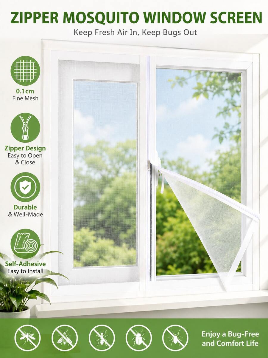 Bộ lưới chống ruồi và côn trùng tự dính có khóa kéo, không cần khoan, dễ lắp đặt, có thể tháo rời, thoáng khí cho nhà ở, phòng ngủ, nhà bếp và phòng khách. - Phong cách màu trắng - Xem 1