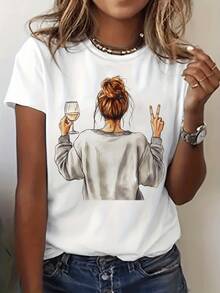 T-Shirt With Graphic Wine Art Print On The Back, Short Sleeves And Round Neck, Casual Top For Summer And Spring, Women's Clothing - 白色 - 查看 1
