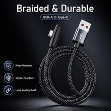 100W 6A USB To Type C Fast Charging Data Cable 90° Elbow Braided USB Cable Android Phone For SamsungS25 S24 HuaweiP50 Xiaomi15 K50 High-Speed Data Transfer Charge USB Cord - Black - View 3