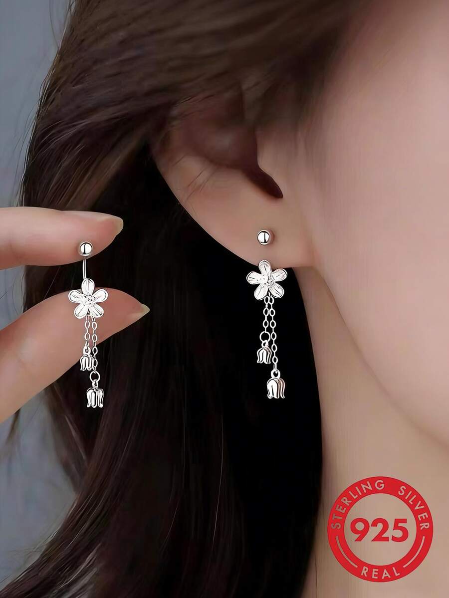 一对S925纯银铃兰花吊坠耳环，浪漫花卉流苏螺旋耳钉，适合日常佩戴、收藏、派对、旅行、婚礼等场合，附赠精美礼盒 - 銀色 - 查看 1