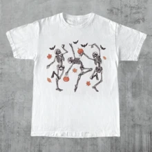 Pumpkin T-Shirt With Dancing Skeleton, Retro Halloween T-Shirt, Women's Halloween T-Shirt, Cute Autumn T-Shirt, Spooky Season, Casual Cotton T-Shirt, Versatile And Comfortable With Pumpkin Face - 白色 - 查看 7