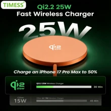 TIMESS 便攜式 Qi2.2 25W 無線充電器，磁吸式無線充電器，Qi2 25W 認證產品，USB 介面，快速充電，輕量化設計，相容於 Phone 17/16/15/14/13/12 Pro Max Mini，相容於 Phone 17 Pro Max - 橘色 - 查看 4