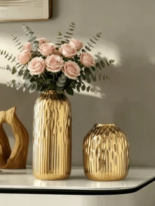 1 pieza Jarrón de cerámica dorado con diseño de textura premium, adecuado para flores secas o frescas como accesorios de decoración del hogar - Jarrón cilíndrico a rayas verticales - Ver 10