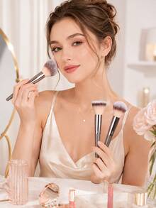 Bộ 3 cọ trang điểm cao cấp cỡ lớn, mềm mại và bông xốp, đa năng dùng để đánh phấn phủ, tạo khối, má hồng, phấn mắt, kẻ lông mày, tạo đường nét và trang điểm. - Xám - Xem 3