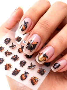 1pc Gothic Style Embossed Nail Stickers, Horror Skull, Owl Nail Art Decals, Mysterious Honeycomb & Bee Nail Sliders, Dark Series, Suitable For Parties, Daily Manicure - Multicolor - View 1