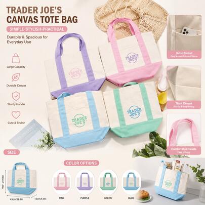 1/4Pcs/Set Trader JoeS Mini Pastel Canvas Tote Bags, Reusable Cotton Canvas Embroidered Shopping Tote, Durable Grocery Bag With Contrast Color Handles, Portable Daily Handbag For Women, Ideal For Shopping Travel Errands, Viral Tote Bag Set