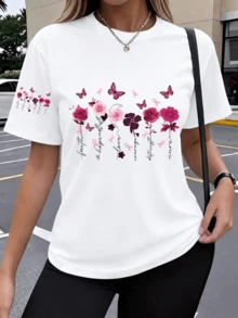 Camiseta de manga corta para mujer, cuello redondo, estampado de rosas, mariposas y lazos con letras en rosa, top casual - Blanco - Ver 1