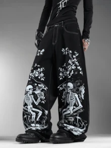 Quần jeans nam màu đen in họa tiết thời trang Mỹ, kiểu dáng đường phố, ống rộng thoải mái, phù hợp mọi mùa (không bao gồm thắt lưng và phụ kiện). - màu đen - Xem 2