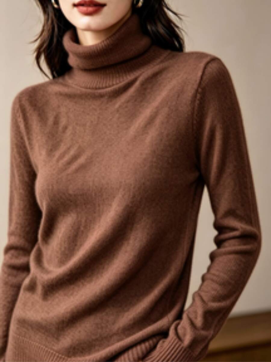 Women's High Neck Knit Blouse, Cacharreal Size, M - 棕色 - 查看 1