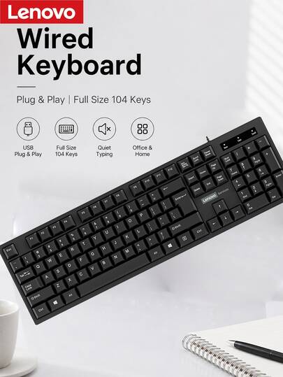  Teclado con cable USB Lenovo con 104 teclas, teclado de oficina de tamaño completo con teclado numérico, teclado ergonómico plug and play para portátil, computadora de escritorio