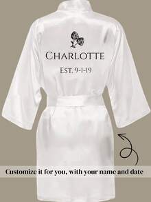 1pc Customized Name & Date Women's Floral Kimono Robe, Personalized Silk Satin Sleepwear, Suitable For Wedding, Bridal Gift And Luxury Loungewear - White - View 2