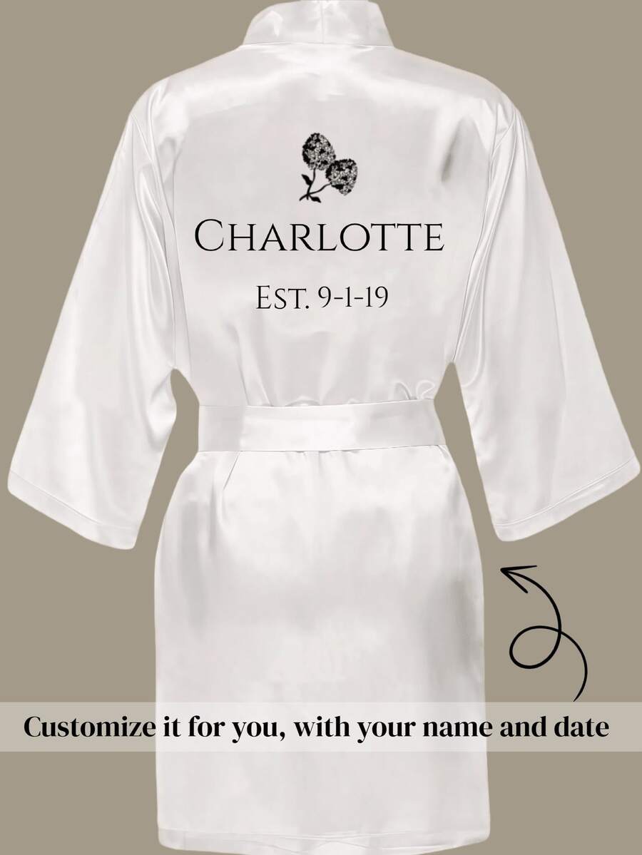 1pc Customized Name & Date Women's Floral Kimono Robe, Personalized Silk Satin Sleepwear, Suitable For Wedding, Bridal Gift And Luxury Loungewear