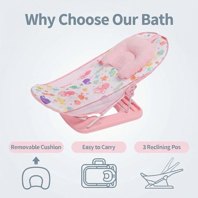 LADIDA Foldable Baby Bath Seat – Collapsible Baby Bathtub Seat With Soft Cushion For Infants 0–24 Months(284 Pink Bather)