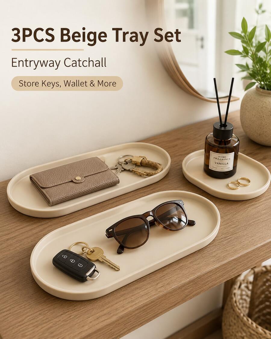 3pcs Beige 24cm Serving Tray Set, Smooth Raised Edge Decorative Trays For Home, Coffee Table & Daily Use - 3pcs - View 1