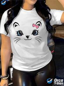 A White Kitten's Face With Bright Blue Eyes And A Pink Bow Symbolizes Sweetness, Curiosity, And Feminine Charm. A Modern And Comfortable Casual Women's T-Shirt. - 白色 - 查看 1