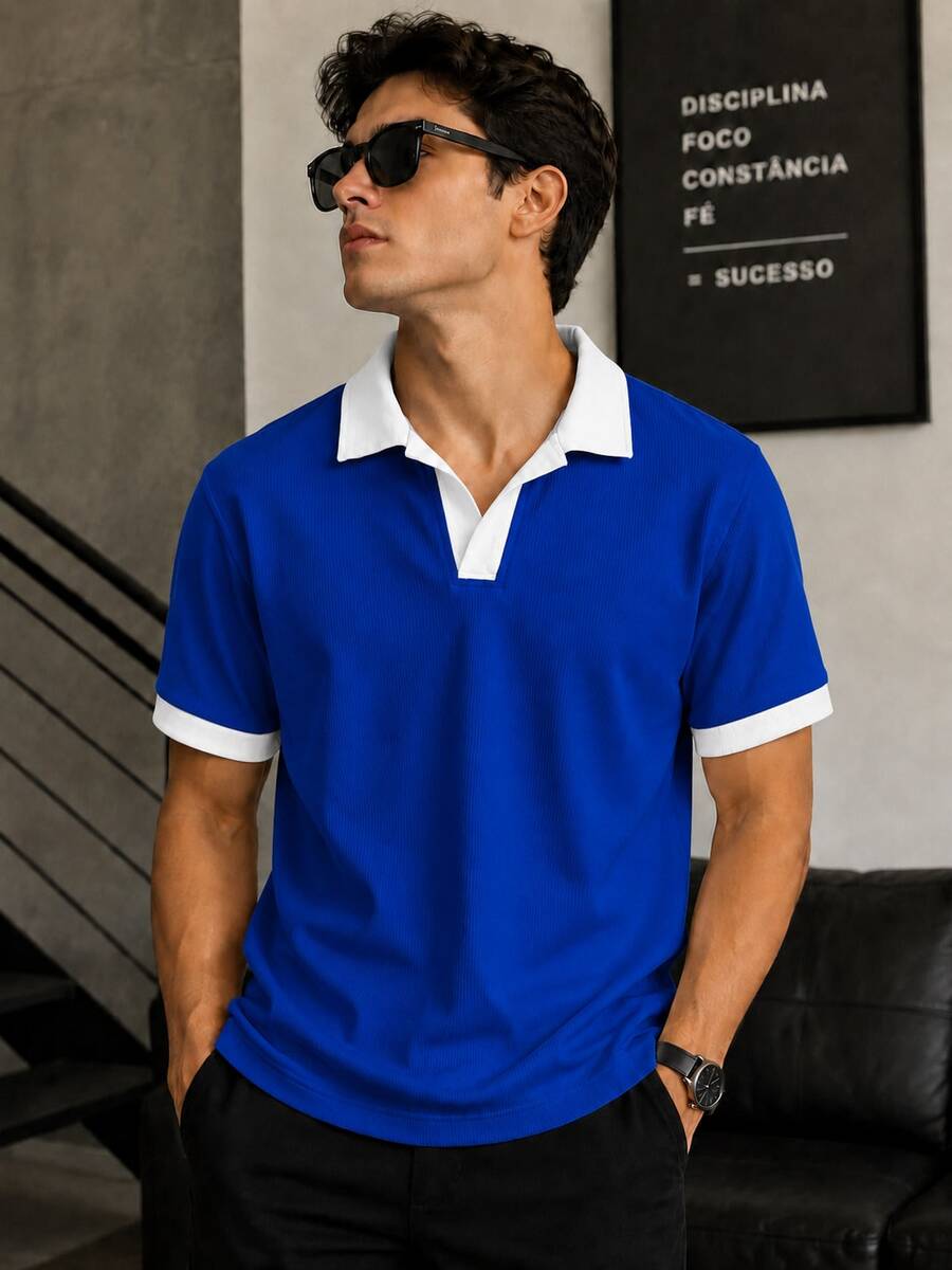 Men's Polo Shirt From Brazil, Short Sleeve. - 藍色 - 查看 1