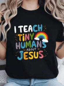 Arco iris colorido con letras alegres que expresan la ense?anza y el amor espiritual hacia los peque?os reflejando optimismo y fe camiseta de mujer casual cómoda para uso diario - Negro - Ver 1