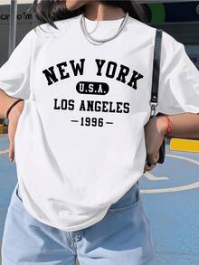 Large Lettering Evokes The Urban Spirit Of New York And Los Angeles, Along With The Year 1996, Symbolizing Modern Energy And A Relaxed Attitude. Comfortable, Modern, Casual Women's T-Shirt For Everyday Wear. - 白色 - 查看 8