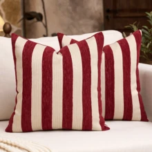 1 peça/2 peças Capa de Almofada Decorativa em Chenille com Listras Bege e Vermelhas, Capa de Almofada Macia de Estilo Moderno Abstrato Boêmio para Sofá, Quarto, Sala de Estar, Todas as Estações, Também Adequada como Presente - Bege-Vermelho - Visão 30