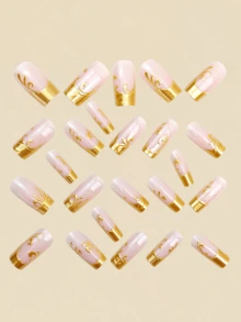 24片 3D鍍金浮雕法式風格美甲貼紙，Y2K風格長方形美甲貼紙，美甲用品 - 金色 - 查看 3