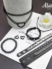 3/4/7件套朋克铆钉手链套装，Grunge哥特风饰品，80年代另类PU皮革Emo手链，哥特心形项链和Y2K尖刺耳环，男女皆宜 - 黑色 - 查看 3
