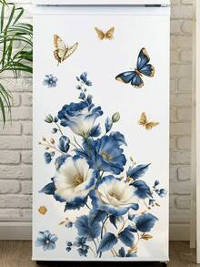 1 buah Stiker Dinding Motif Bunga Peony Ombre Putih & Biru, Semanggi, dan Kupu-kupu Emas, Dekorasi yang Dapat Dilepas untuk Kamar Tidur, Ruang Tamu - 1PC - View 2