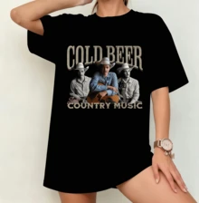 "Cold Beer And Country Music" Retro Country T-Shirt | Gender Neutral Oversize Fan Shirt Black - Black - View 8