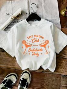 Junggesellinnenabschied-T-Shirt "The Bride Club 2026" aus 100 % Baumwolle, Retro-Cocktailgläser-Motiv in Orange, lässiges Oberteil für Damen. - Weiss - Übersicht 1