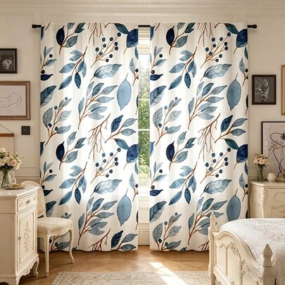 2pcs Watercolor Blue Leaves & Brown-Red Vines Decorative Curtains - Rod Pocket Design, Privacy Protection, Easy Installation - Suitable For Home Windows, Rod Pocket Style