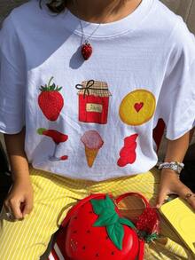 Sweet Fruits With Jam, Cookies, And Ice Cream Evoke Summer Joy And Fresh Energy In Vibrant Colors, Ideal For Conveying Fun And Tenderness. Casual And Comfortable Women's T-Shirt - 白色 - 查看 8