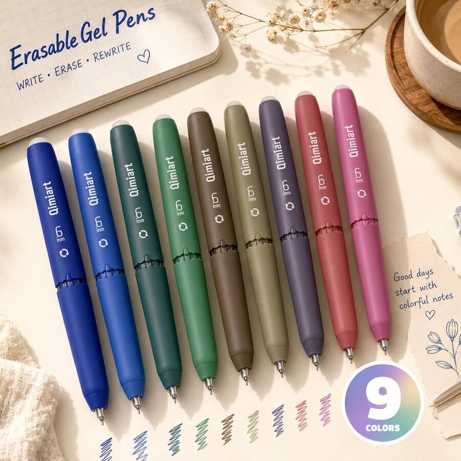 9支裝復古9色可擦拭凝膠筆,0.6mm細筆尖,旋轉伸縮設計,可愛蛋形筆身,霧面質感舒適握感,適用於書寫、繪圖、手帳、辦公室、學校、會議、學習筆記、書法、螢光標記,開學必備文具 - 復古色彩 - 查看 1