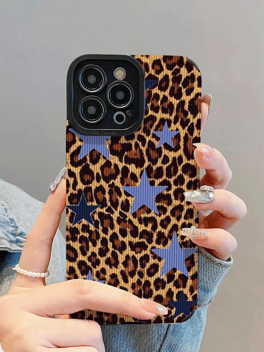1pc Fashionable Elegant Leopard Print Blue Star Pattern Shock-Resistant Protective Phone Case, Design, Suitable As Gift For Friends And Family, Compatible With IPhone17/17Air/17Pro/17ProMax/IPhone16/16Plus/16Pro/16ProMax/IPhone15/15Plus/15Pro/15ProMax/IPhone14/14Plus/14Pro/14ProMax/IPhone13/13Pro/13ProMax/IPhone12/12Pro/12ProMax/IPhone11/IPhone11Pro/11ProMax - Multicolor - View 1