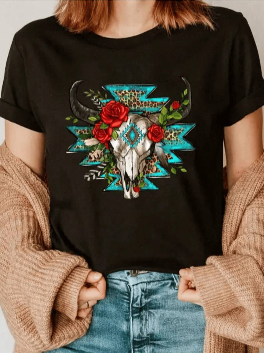 Bull Skull Surrounded By Red Roses With A Blue Background And Feline Spot Patterns Symbolizes Strength, Freedom And Wild Nature. Modern Casual Women's T-Shirt For Everyday Wear - Black - View 1