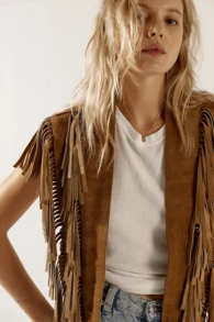 Women's Suede Tassel Vest 70s Hippie Outfit Sleeveless Open Front Vest Western Collar - Camel - Ver 5