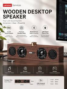 Lenovo 联想桌面蓝牙音箱，木质设计，USB供电立体声电脑音箱，低音浑厚，适用于笔记本电脑、PC、游戏和音乐 - 查看 2