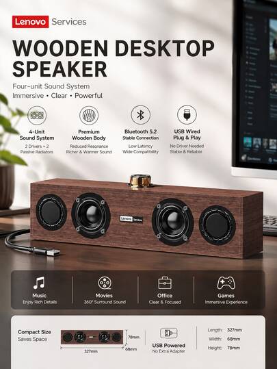  Lenovo Desktop Bluetooth Speaker With Wooden Design, USB Powered Stereo Computer Soundbar With Deep Bass For Laptop PC Gaming Music