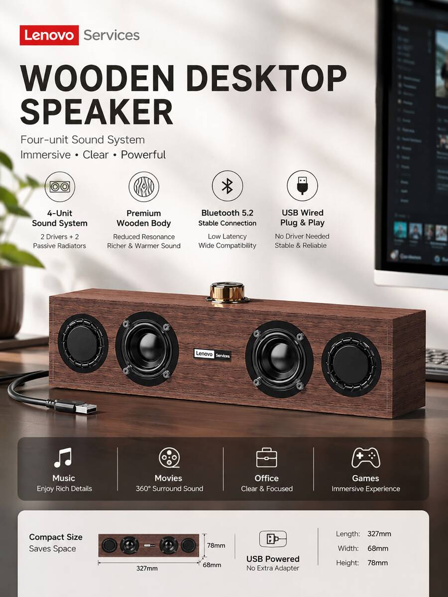 Lenovo 联想桌面蓝牙音箱，木质设计，USB供电立体声电脑音箱，低音浑厚，适用于笔记本电脑、PC、游戏和音乐