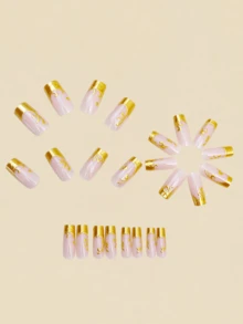 24片 3D鍍金浮雕法式風格美甲貼紙，Y2K風格長方形美甲貼紙，美甲用品 - 金色 - 查看 4